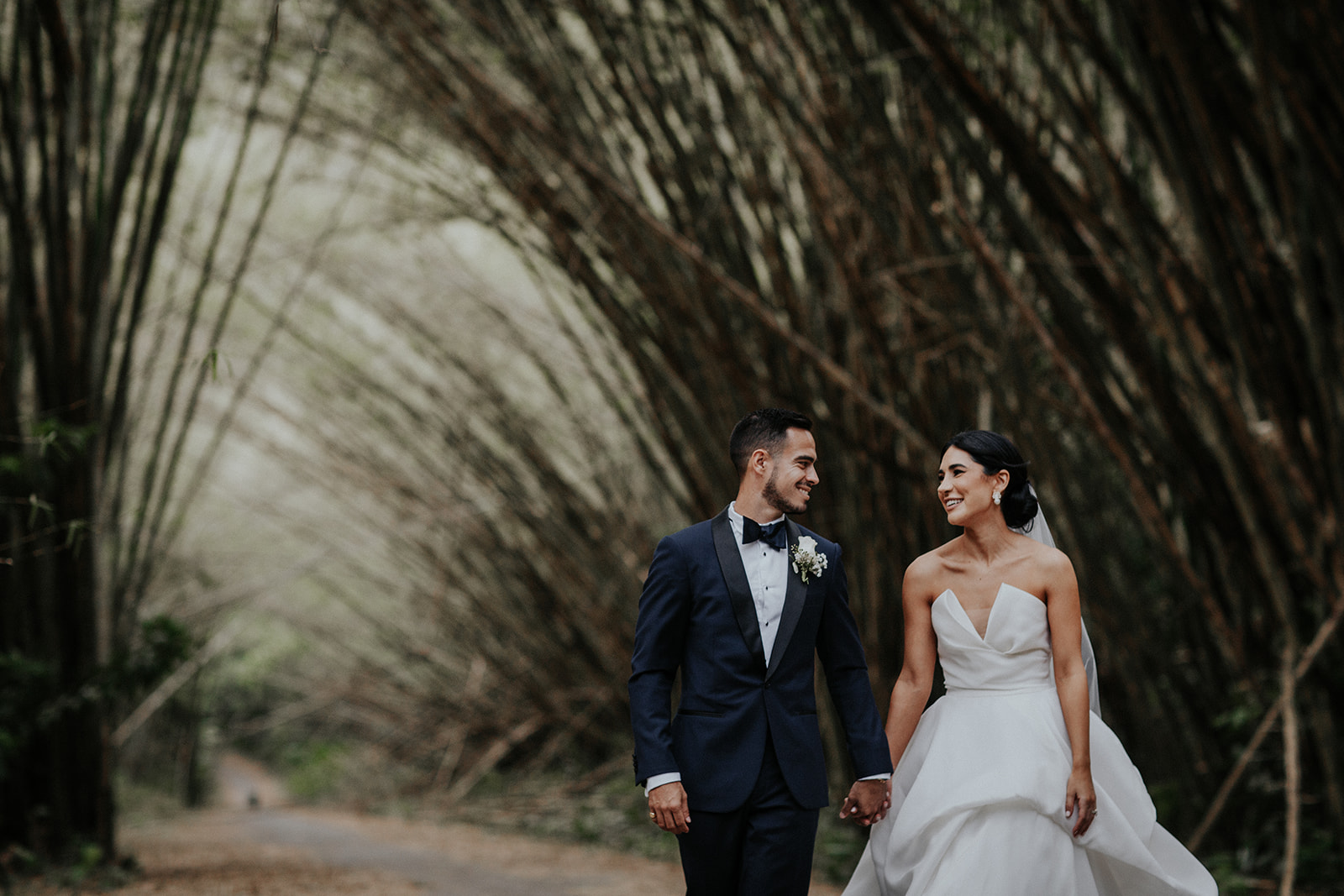 Wedding portraits of bride and groom at bamboo cathedral, chaguaramas, trinidad